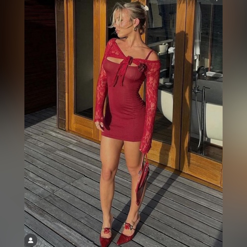 Chic Burgundy Mini Dress with Floral Accent